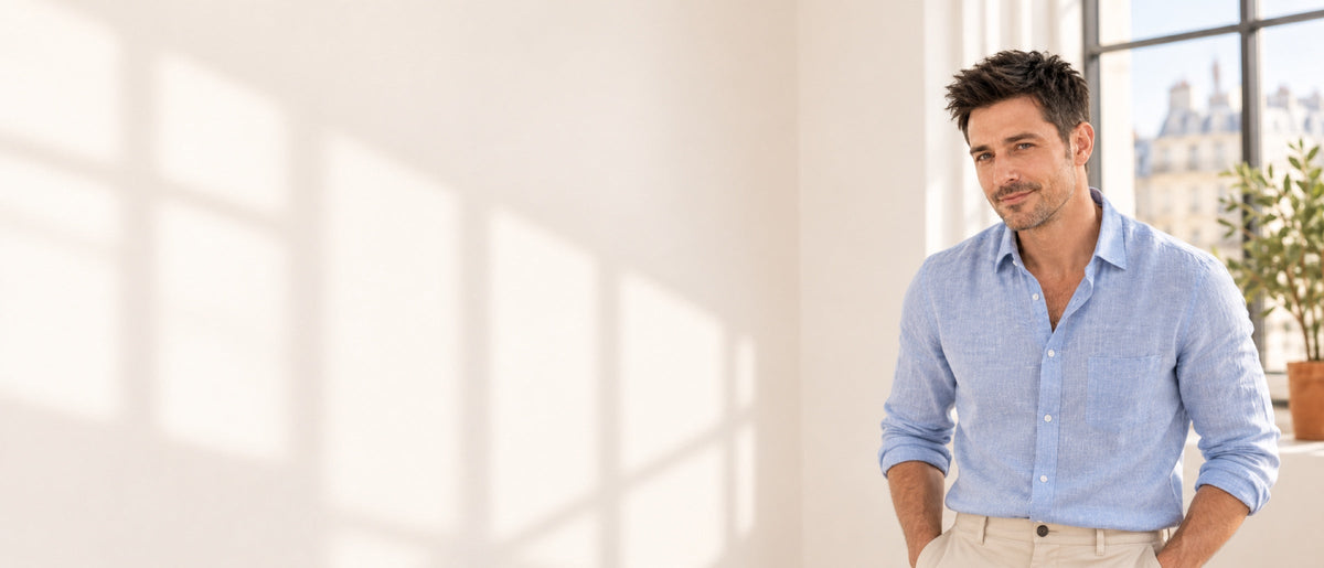 Homme souriant aux cheveux bruns courts et texturés, en chemise de lin bleu ciel, dans un appartement lumineux