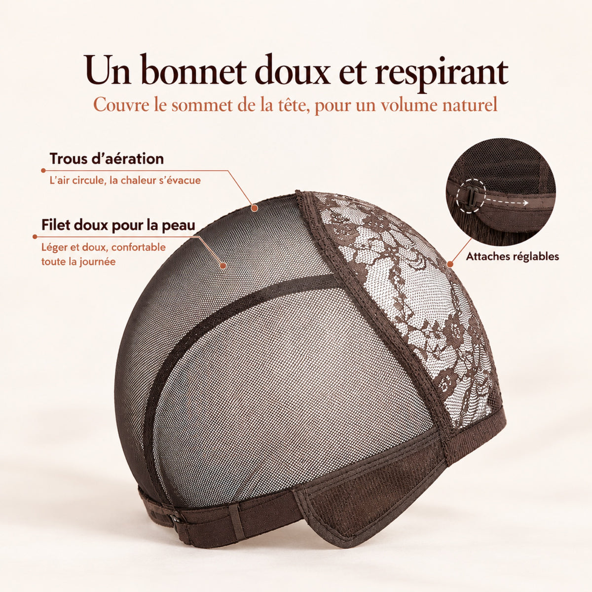 Perruque carré court en cheveux naturels – bonnet respirant