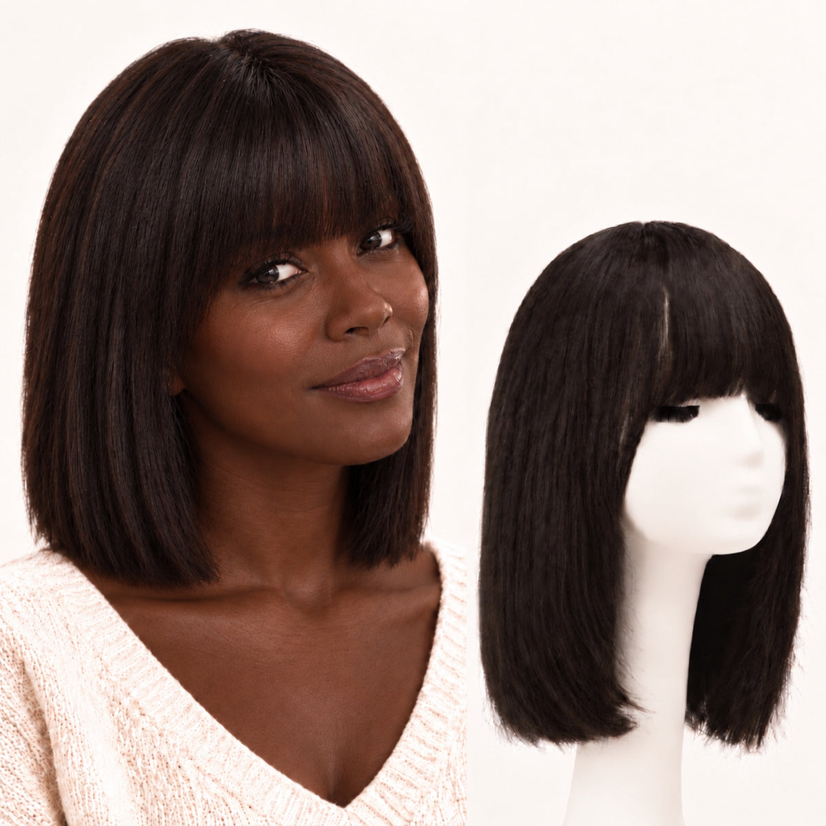 Femme noire portant la perruque carré avec frange en cheveux naturels, à côté de la même perruque sur tête de présentation