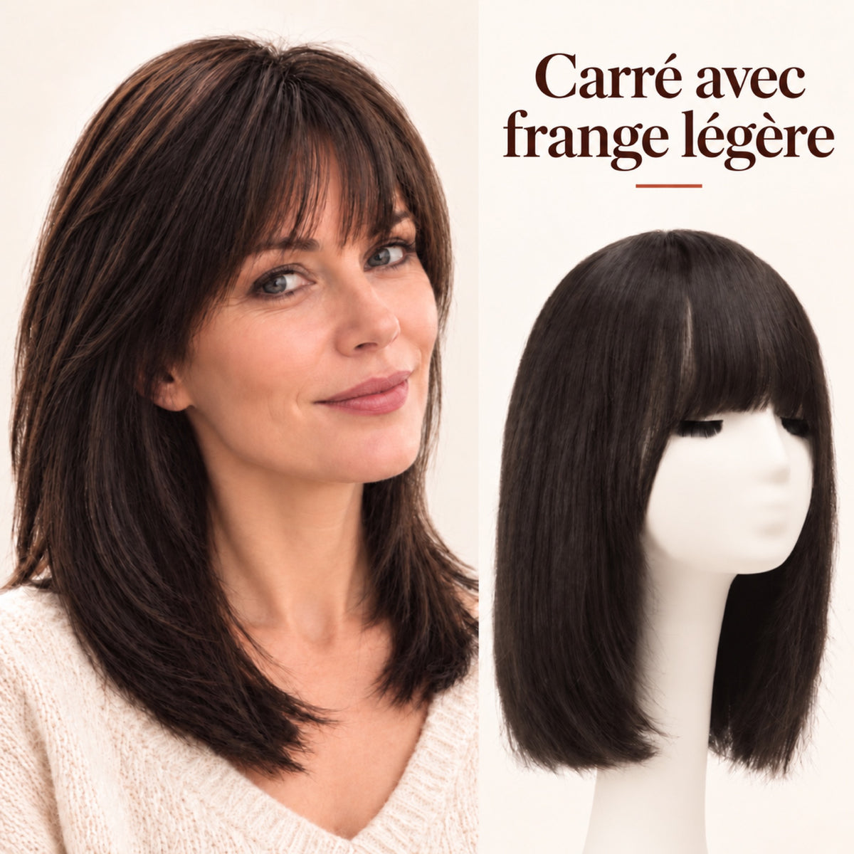 Perruque carré avec frange légère en cheveux naturels portée