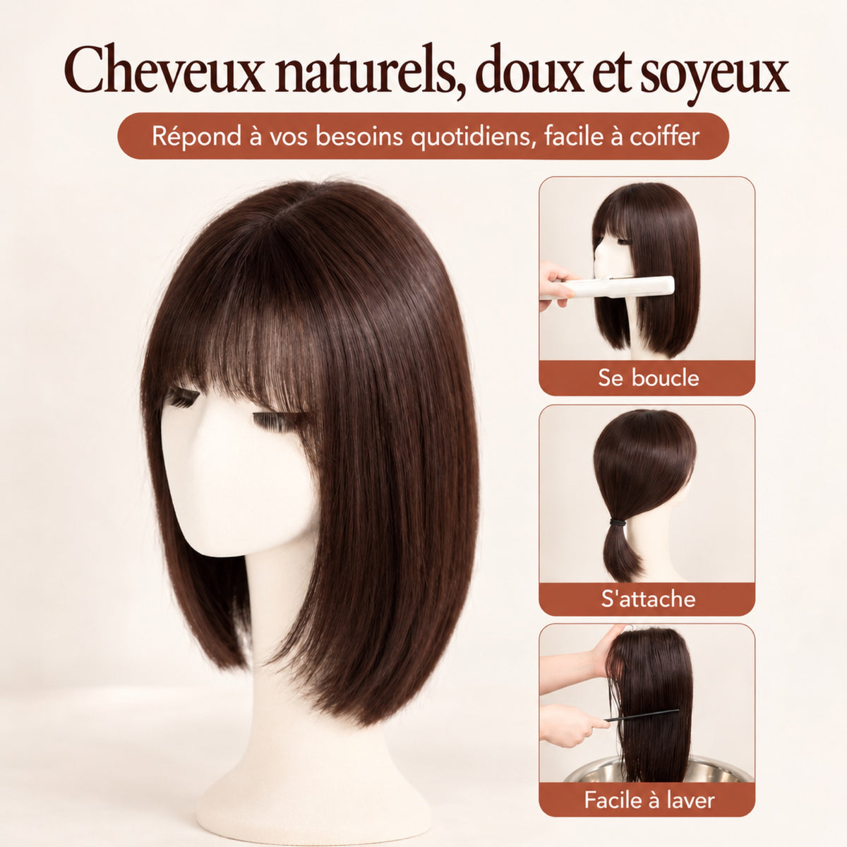 Perruque carré avec frange en cheveux naturels