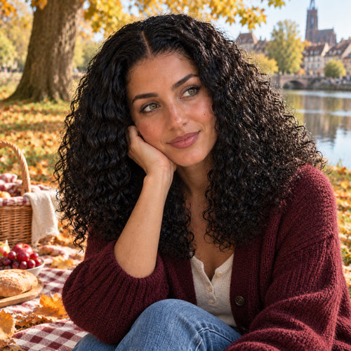 Femme portant la perruque bouclée lace 5x5 lors d'un pique-nique d'automne