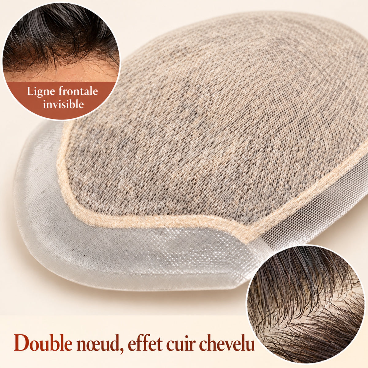 Prothèse capillaire homme double nœud – ligne frontale invisible