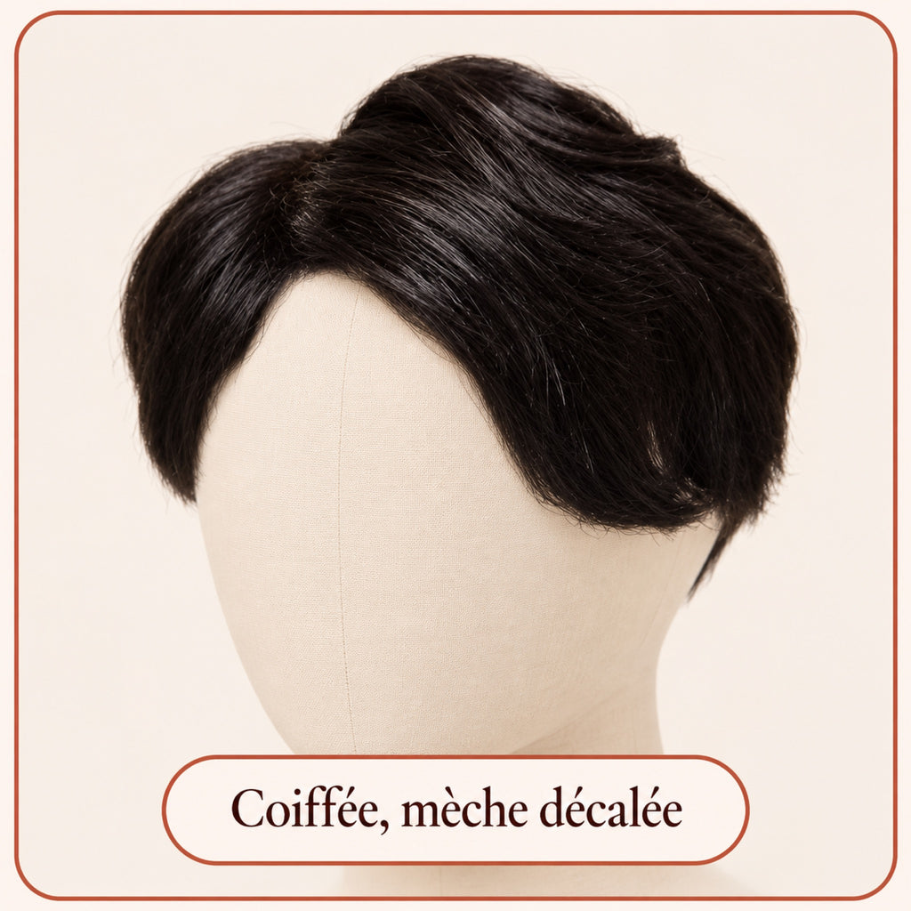 Prothèse capillaire homme double nœud, mèche décalée