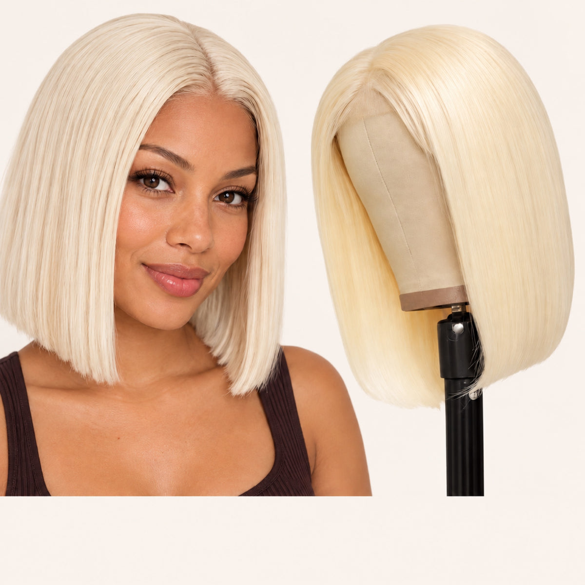 Perruque carré blond platine 613 lace 13x4, portée et sur tête de présentation