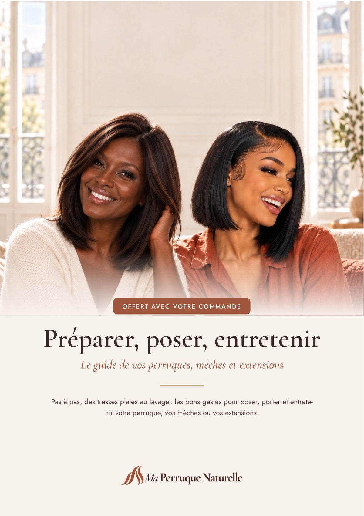 Couverture du guide « Préparer, poser, entretenir » : deux femmes noires souriantes, en carré lisse noir et en coupe mi-longue brune