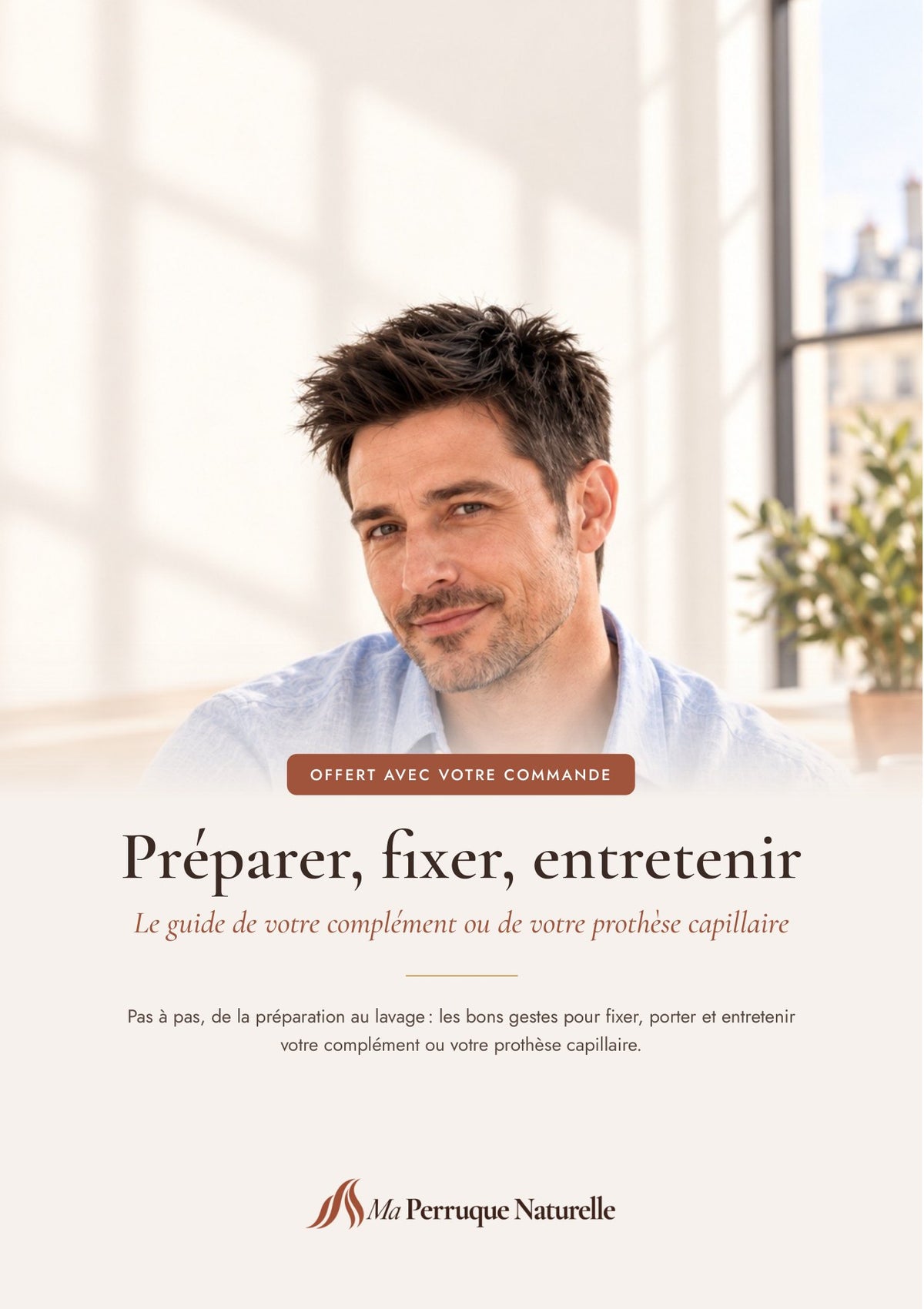 Couverture du guide « Préparer, fixer, entretenir » : homme souriant aux cheveux bruns courts et texturés, en chemise bleu clair