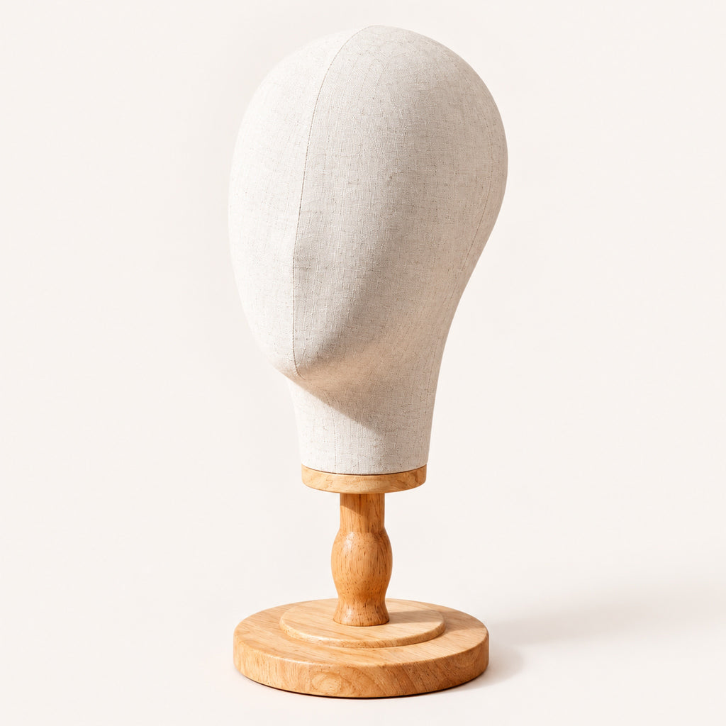 Tête porte-perruque en toile de lin sur pied et socle en bois massif, sans perruque