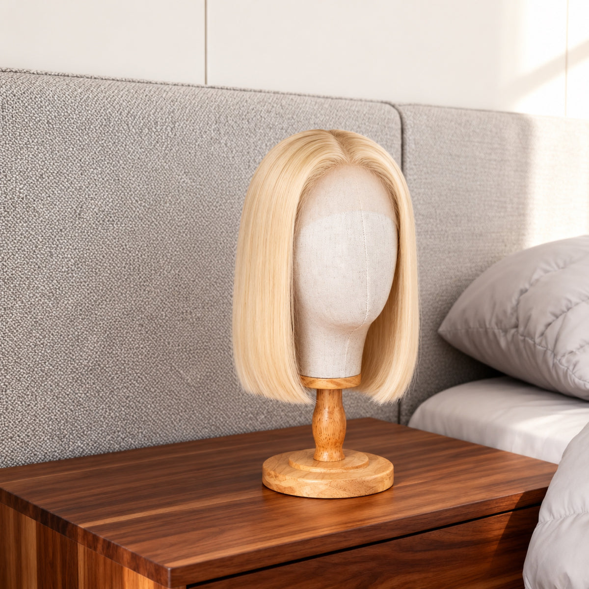 Tête porte-perruque en toile avec un carré blond 613, sur une table de chevet en bois